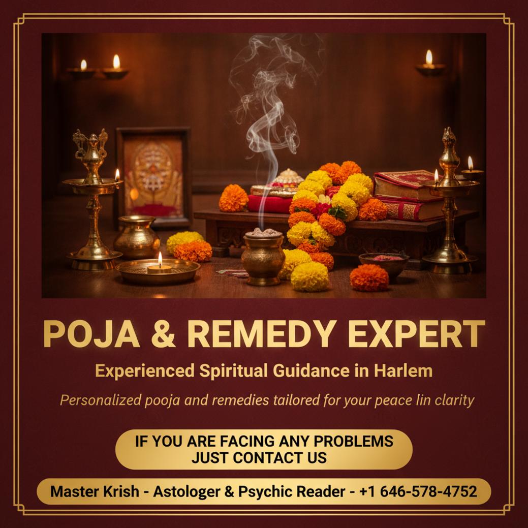 Indoor altar with traditional pooja items softly lit in Harlem NY
