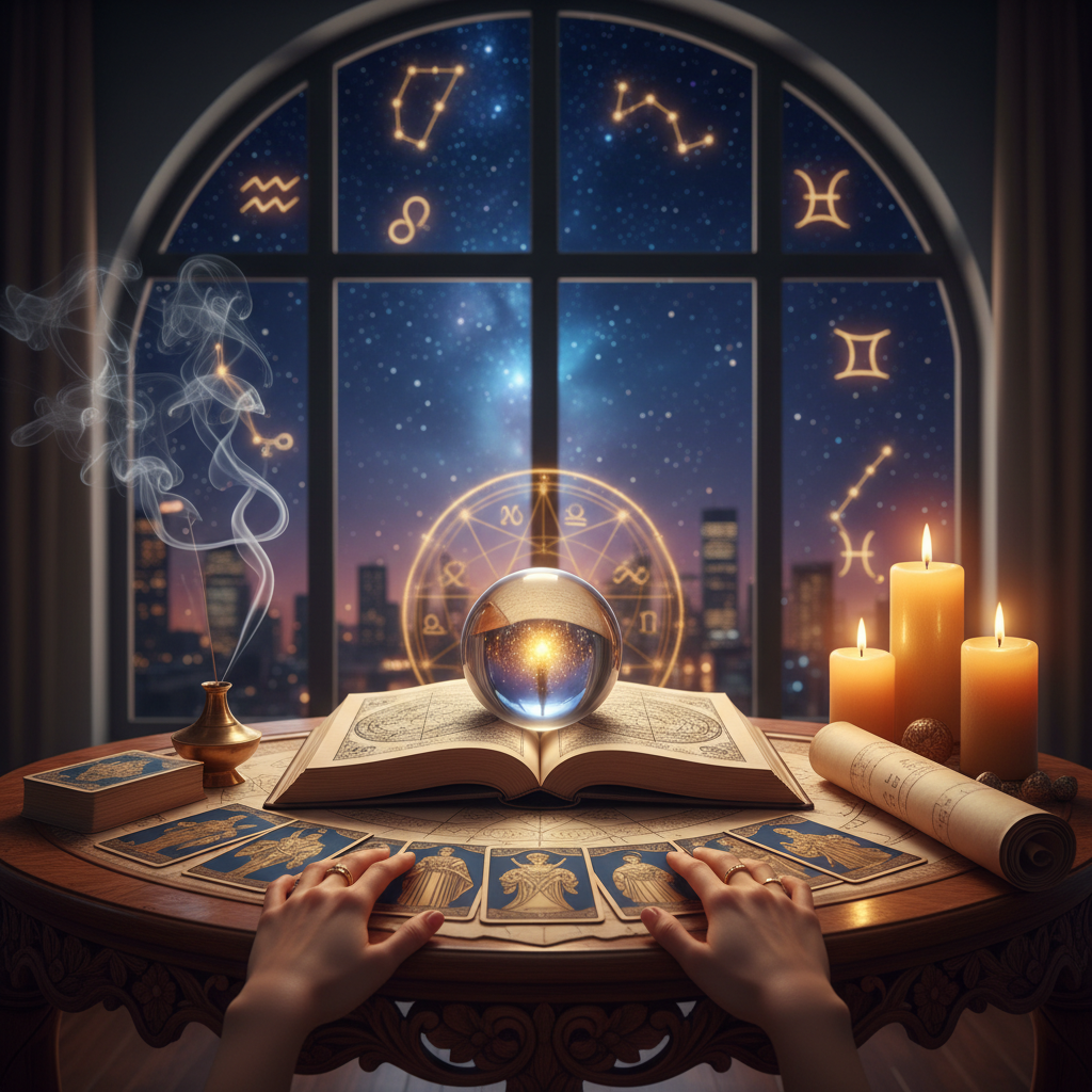Find a Trusted Psychic Near Me New York for Insightful Guidance Mystical celestial glow with spiritual symbols in New York City setting