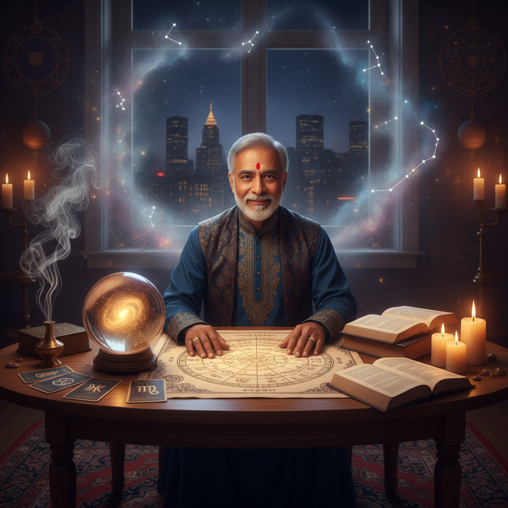 Authentic Psychic Readings NYC with Master Krish in Harlem Mystical celestial background with tarot cards and astrological symbols in New York