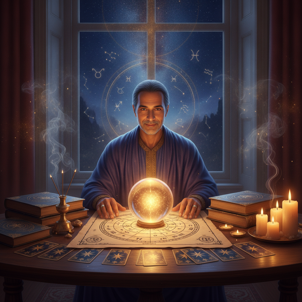 Authentic Psychic Readings NYC with Master Krish in Harlem Mystical celestial lights over New York City skyline at night