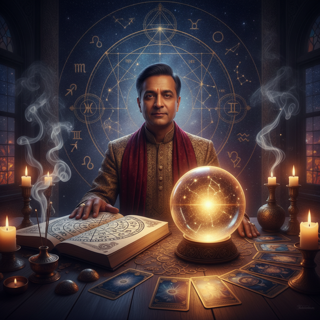 Authentic Psychic Readings NYC with Master Krish in Harlem Mystical celestial symbols glowing over New York City skyline at night