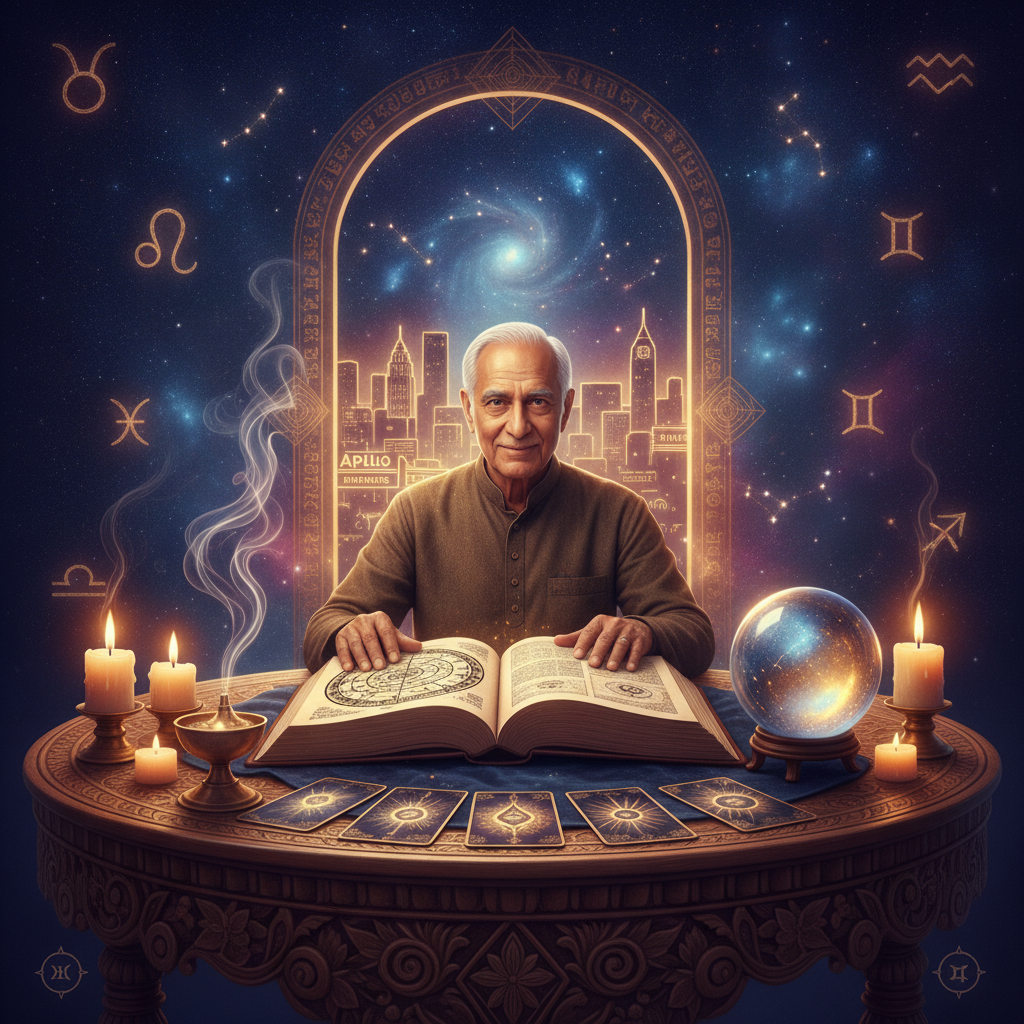 Authentic Psychic Readings NYC with Master Krish in Harlem Mystical celestial background with tarot cards and astrological symbols in NYC