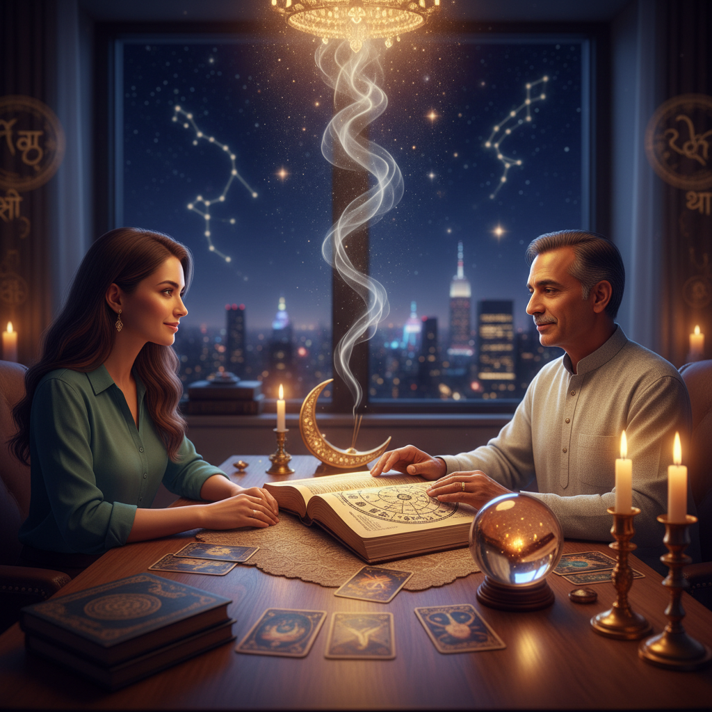 Spiritual Cleansing New York: Aura Healing with Master Krish Mystical celestial aura glowing above city skyline in New York