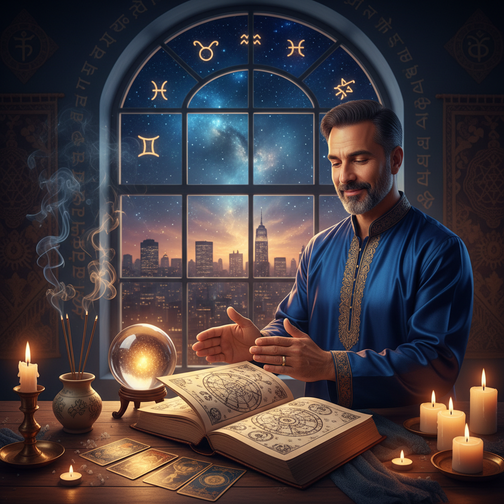 Discover Spiritual Cleansing in New York with Master Krish Mystical celestial spiritual energy healing in New York City background
