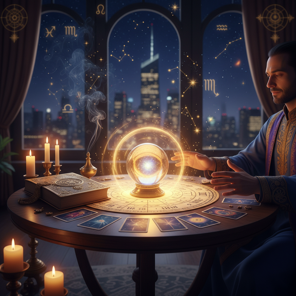 Mystical celestial aura glowing over New York city skyline at night