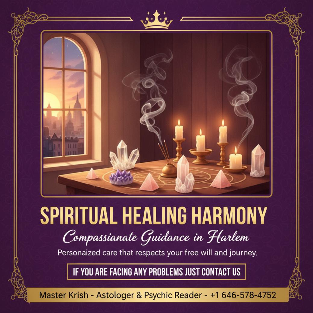 spiritual healer altar with candles and crystals in Harlem room