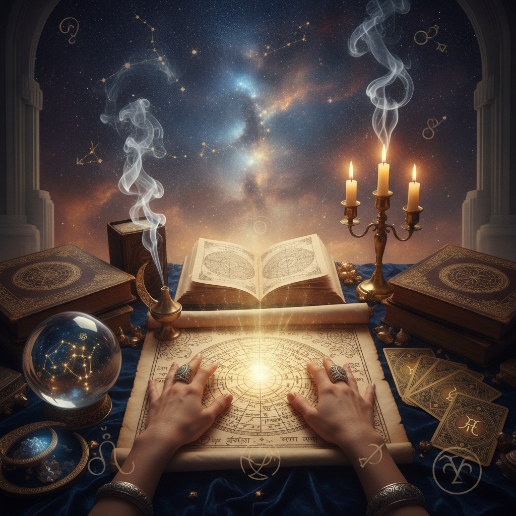 Mystical celestial spiritual reading scene in New York City at night