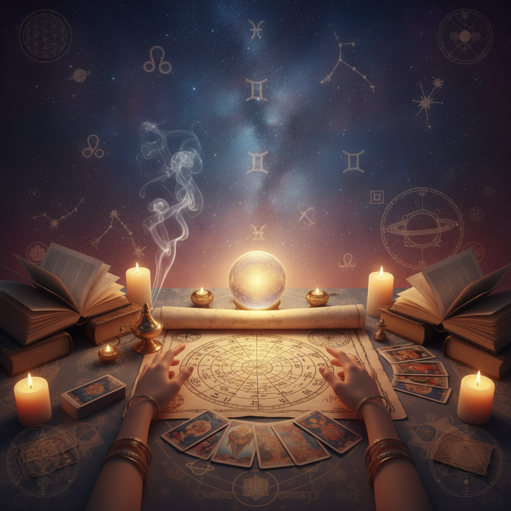 Mystical celestial image with tarot cards and astrological symbols in New York