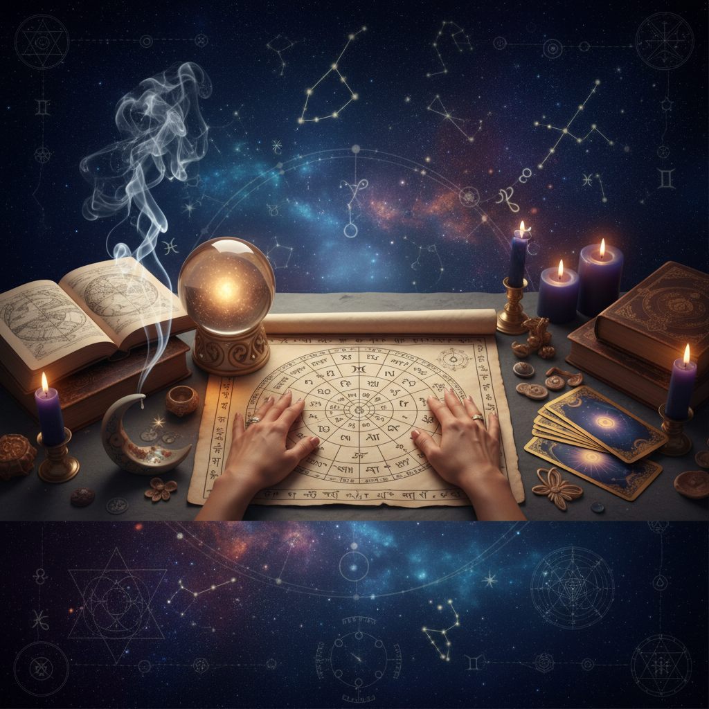 Mystical celestial astrology chart with city skyline nighttime background