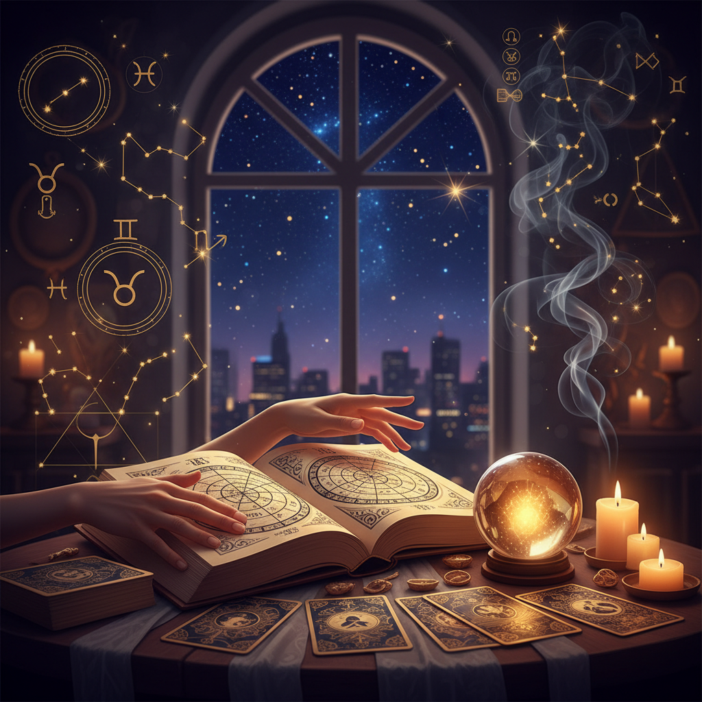 Trusted Astrologer in Bronx New York for Accurate Readings Mystical celestial image showcasing astrology symbols over NYC skyline at night