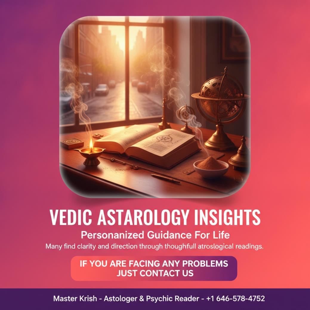 Open vedic astrology book and brass tools on desk in New York setting