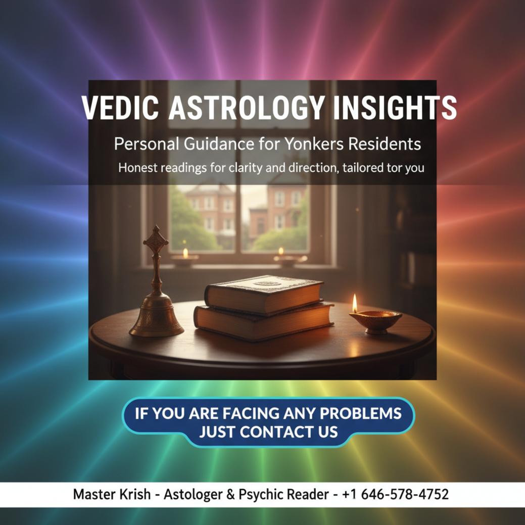 Traditional Vedic astrology items on wooden table in Yonkers room