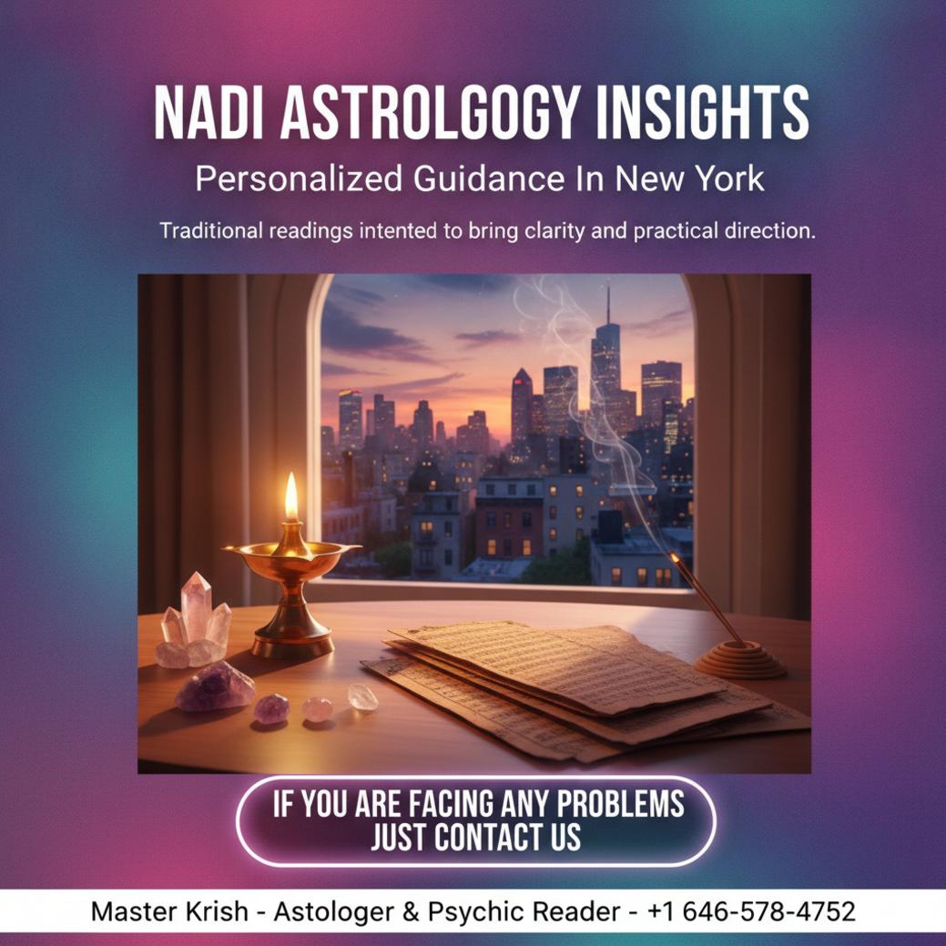 How Nadi Astrology Guides Life in New York, NY Ancient nadi astrology palm leaves with oil lamp in New York setting