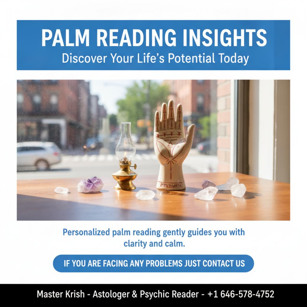 Palm reading setup with crystals and lamp in East Harlem, NY