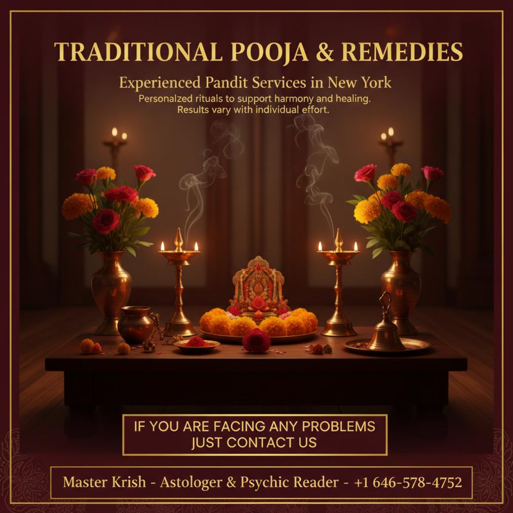 When Should You Consult a Pandit for Pooja and Remedies in New York? Traditional pooja setup with lamps and flowers for pandit remedies New York