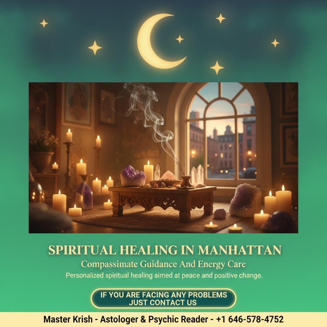 Spiritual healer altar with candles and crystals Manhattan NY