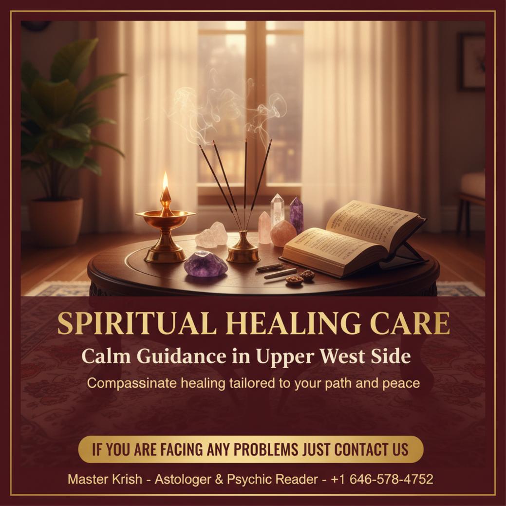 Calm spiritual healer altar scene with Vedic items in Upper West Side room