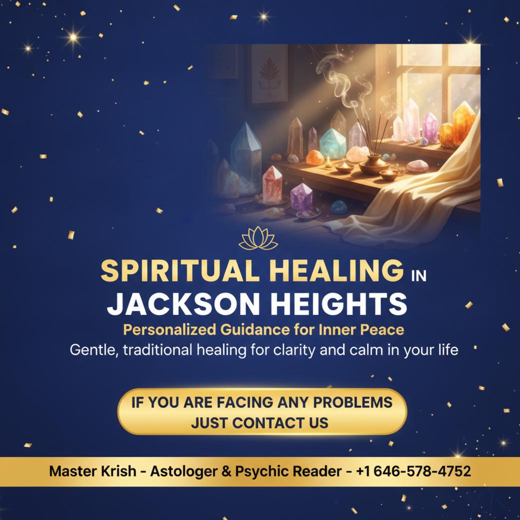 Softly lit spiritual healing space with crystals in Jackson Heights