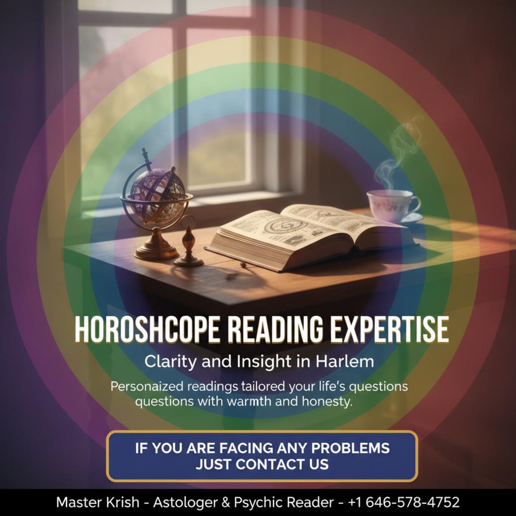Horoscope reading objects on table with soft light in Harlem, NY