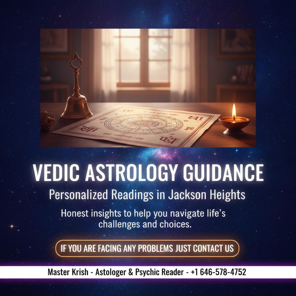 How a Vedic Astrologer in Jackson Heights Can Help You Find Clarity Vedic astrologer birth chart and spiritual items on desk in Jackson Heights