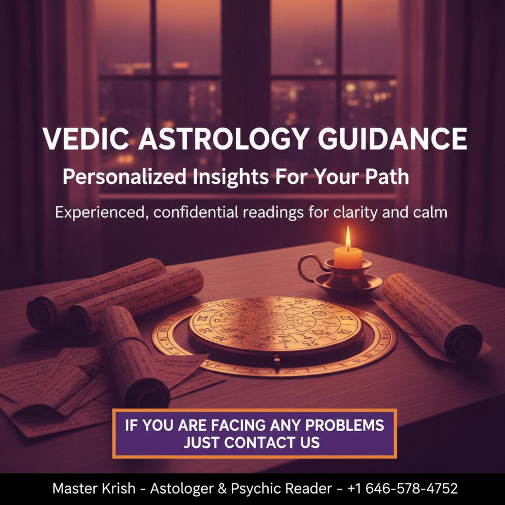 Vedic astrologer tools on wooden desk in New York setting