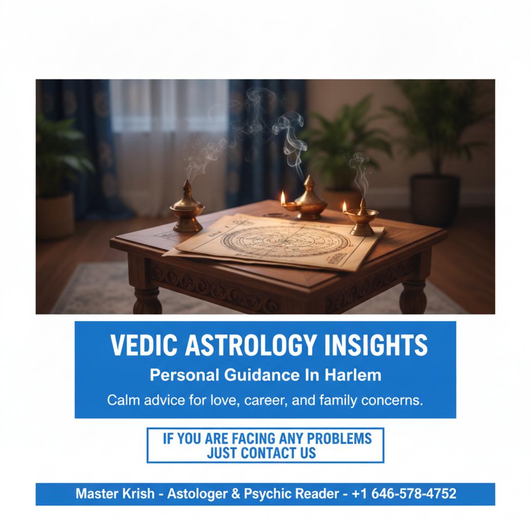Vedic astrology chart with lamps on a wooden table in Harlem setting