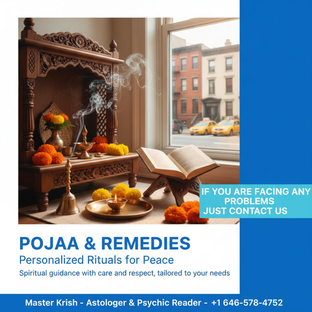 Trusted Pandit for Pooja and Remedies in Harlem, NY Traditional pooja altar with spiritual items in Harlem, NY setting